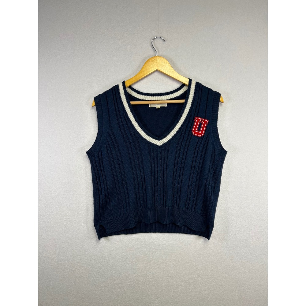 No Comment Navy Blue U‎ Patch V Neck Cable Knit Preppy Sweater Vest Size L